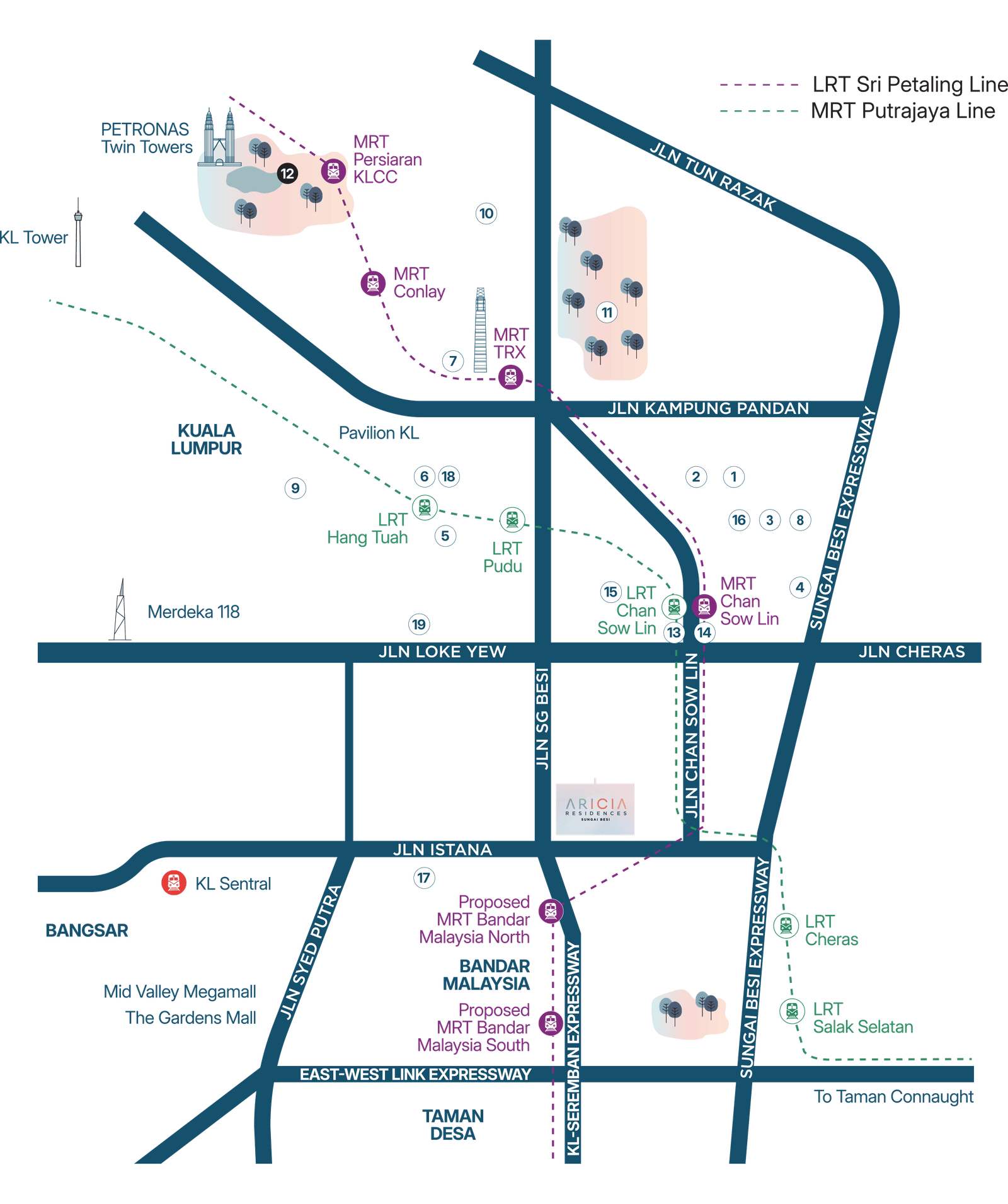 Aricia Residences Sungai Besi transit and connectivity map — LRT Sri Petaling & MRT Putrajaya lines